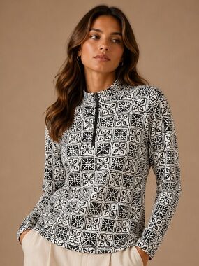 IBKUL Black White Geometric UPF 50+ Quarter Zip Golf Top Size S